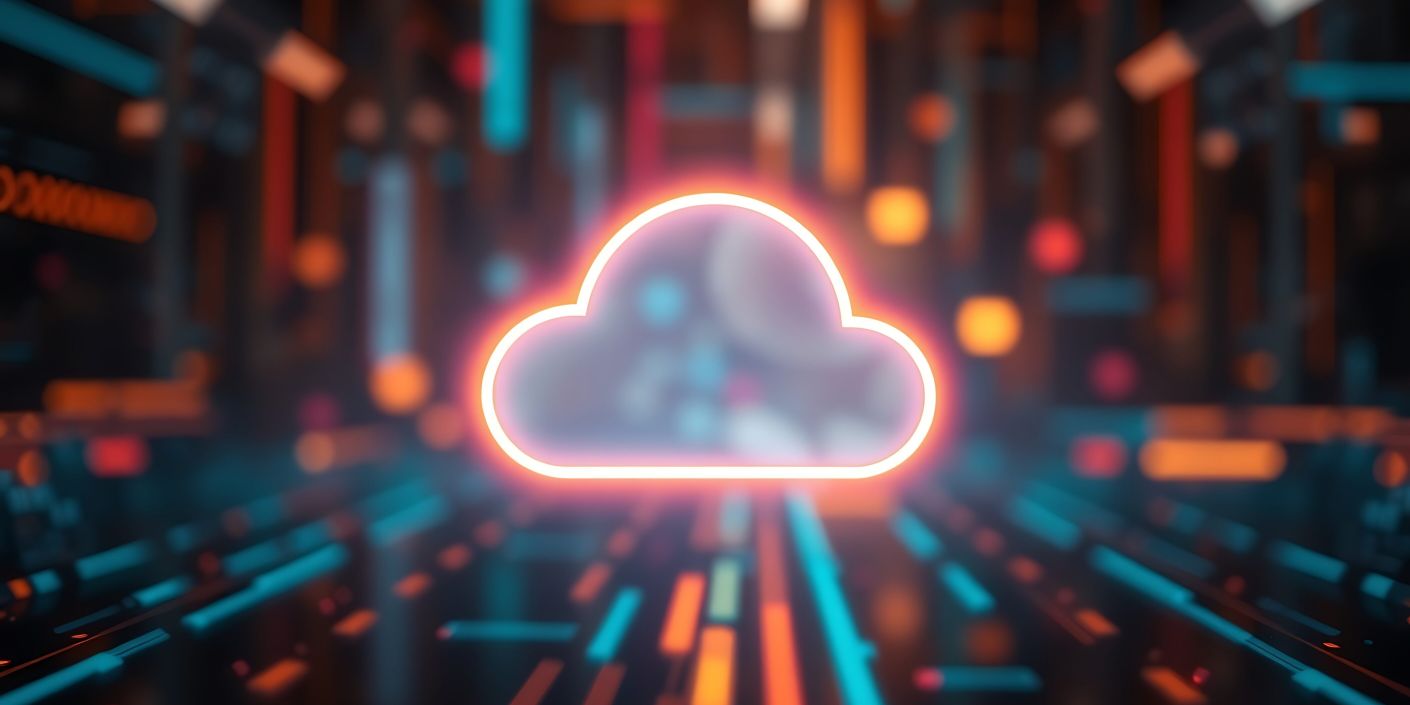 Leuchtendes Wolkensymbol auf einem verschwommenen High-Tech-Hintergrund, der Cloud Computing und digitale Innovation darstellt